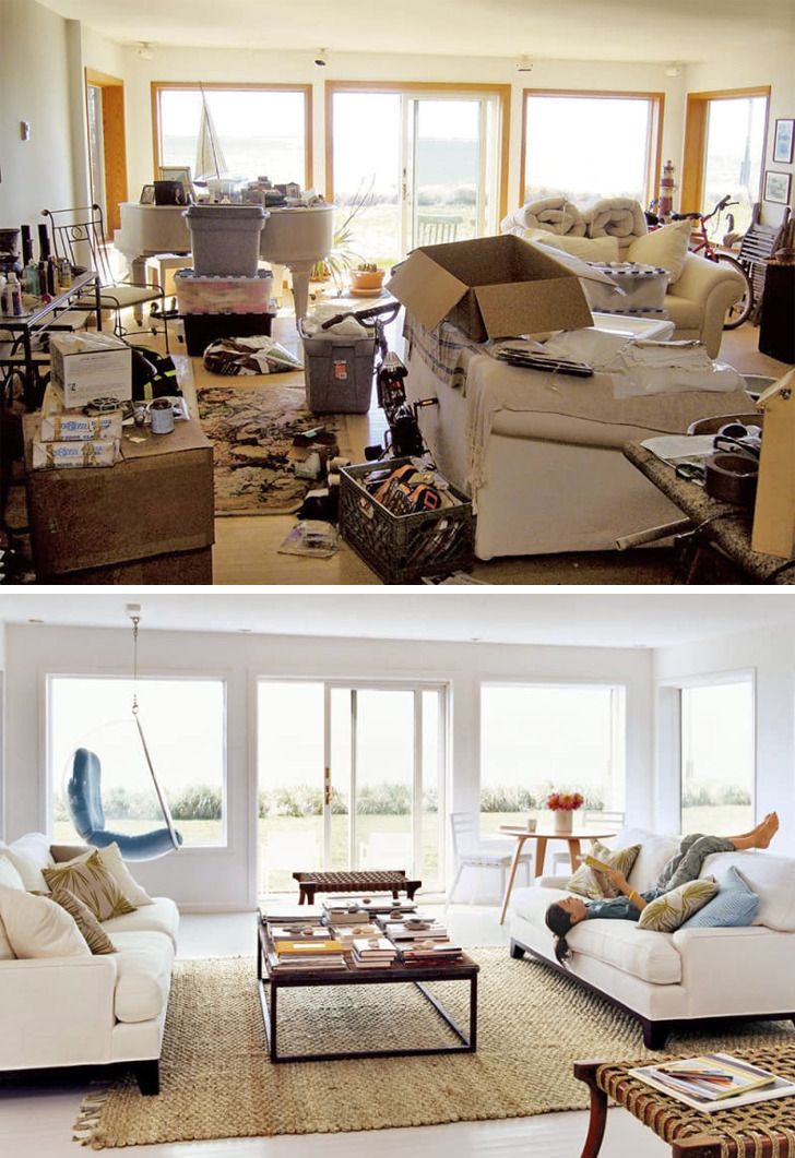 before vs after cleaning shots - messy living room to ideal living room