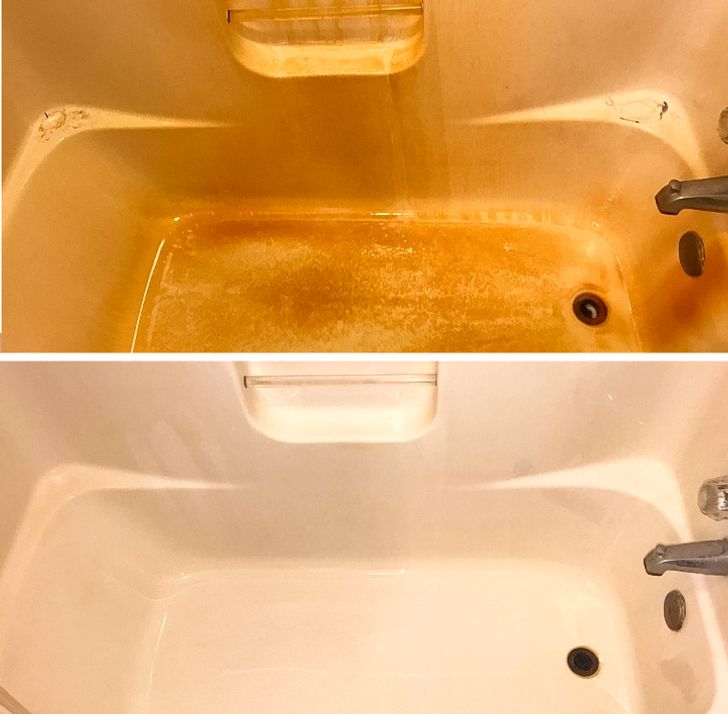 before vs after cleaning shots - dirty bathtub to clean bathtub