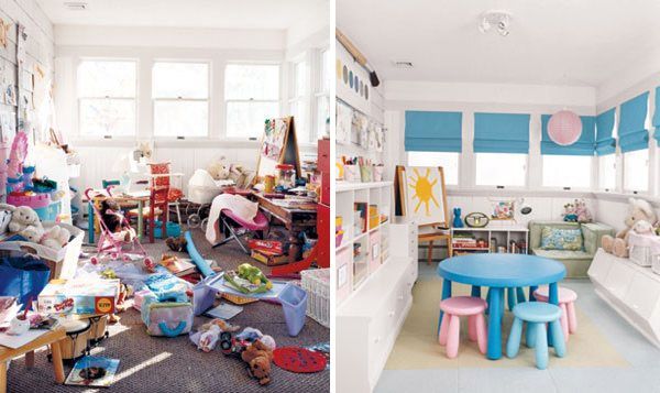 before vs after cleaning shots - messy room to neat kids room
