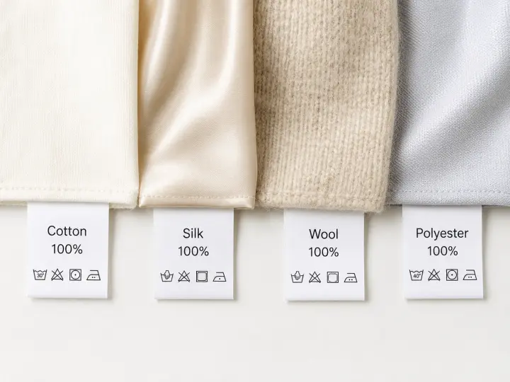 fabric care labels showing cotton, silk, wool, and polyester fibre content