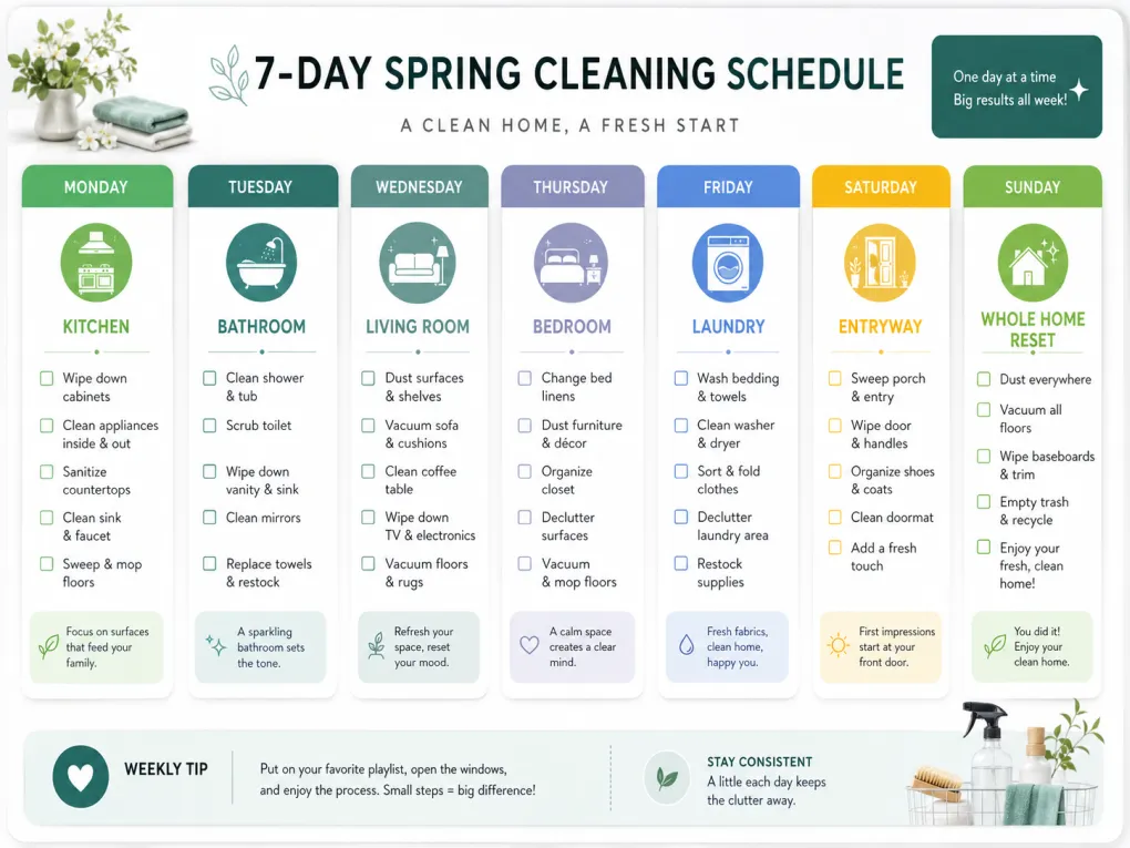 7-day spring cleaning schedule planner with colour-coded room assignments