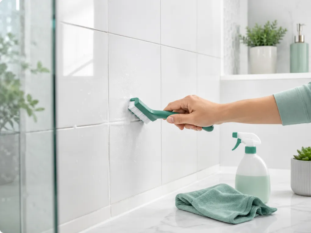 Bathroom spring cleaning, grout brush scrubbing tile grout lines