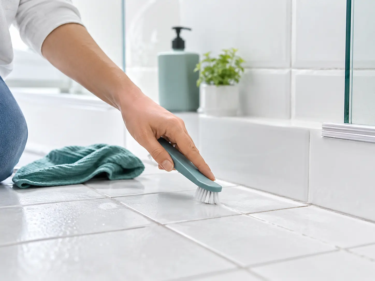 Bathroom cleaning frequency, scrubbing tile grout with brush to prevent mould