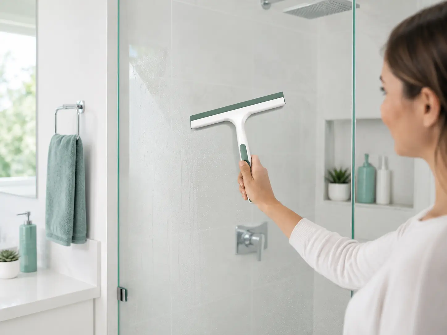 Bathroom cleaning maintenance, squeegeeing shower glass to prevent water spots