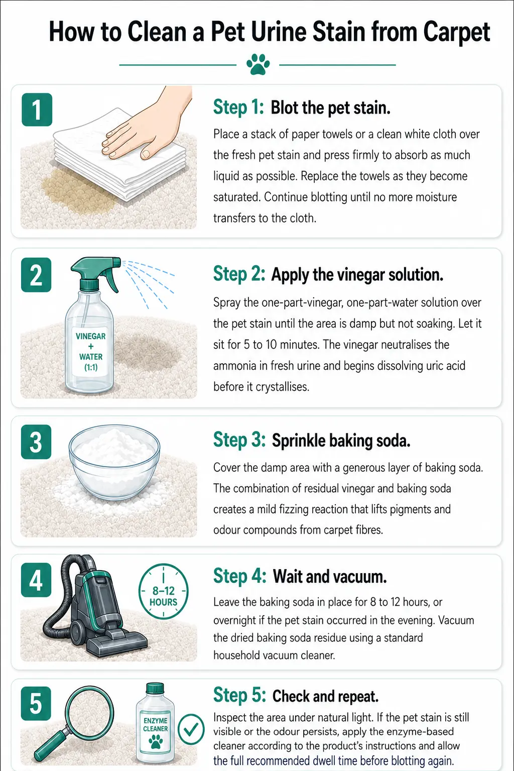 Natural pet stain removers: white vinegar, baking soda, hydrogen peroxide, and enzyme cleaner