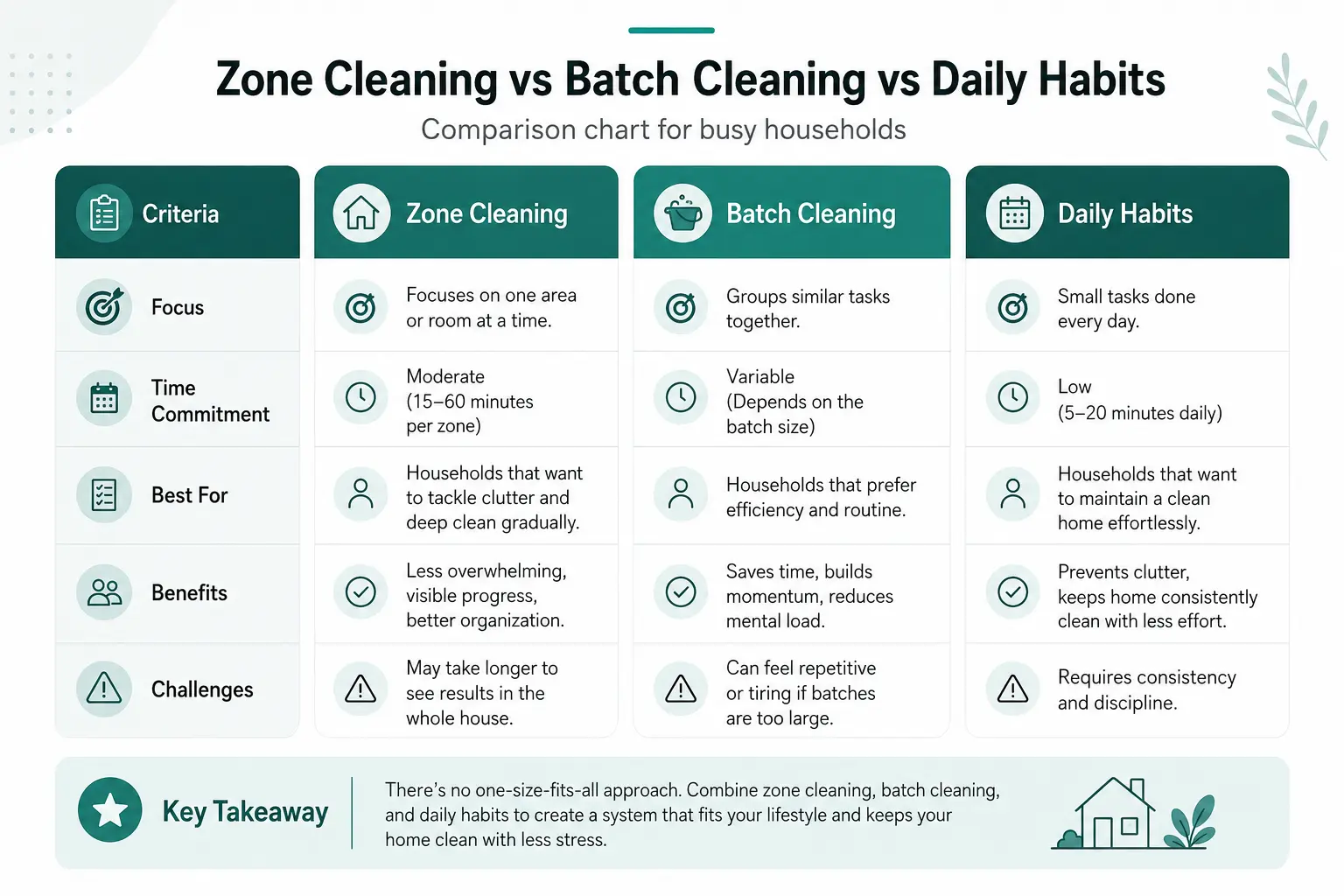 Zone cleaning vs batch cleaning vs daily habits comparison chart for busy households