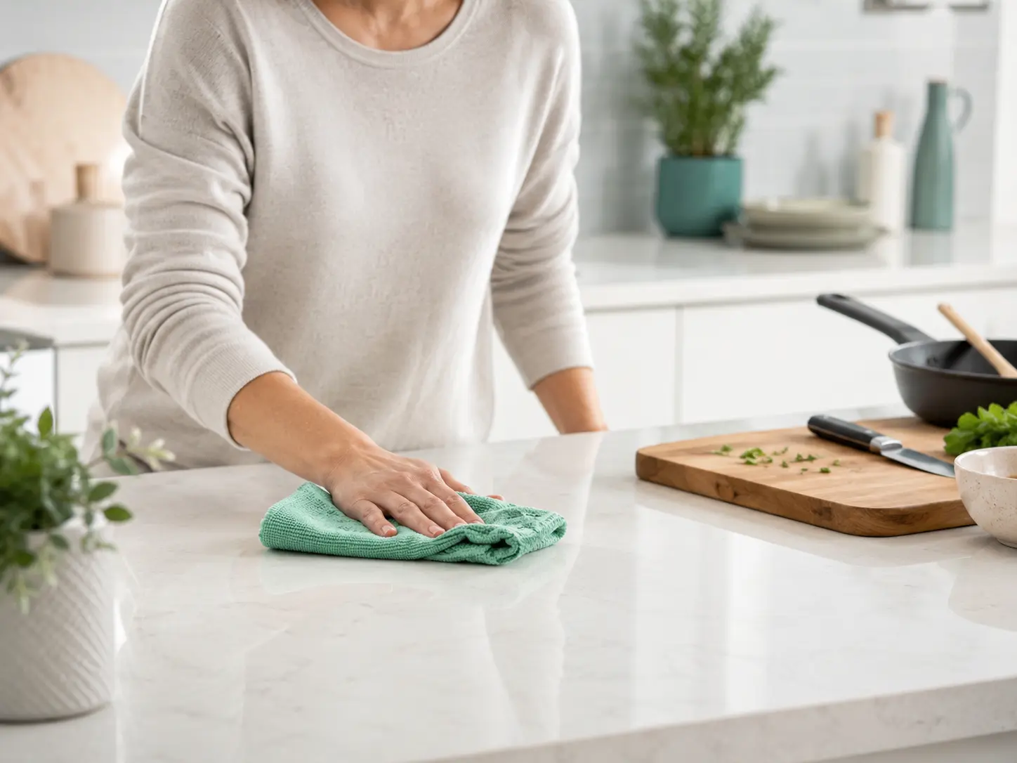 Daily cleaning habit, wiping kitchen counter with microfibre cloth after cooking
