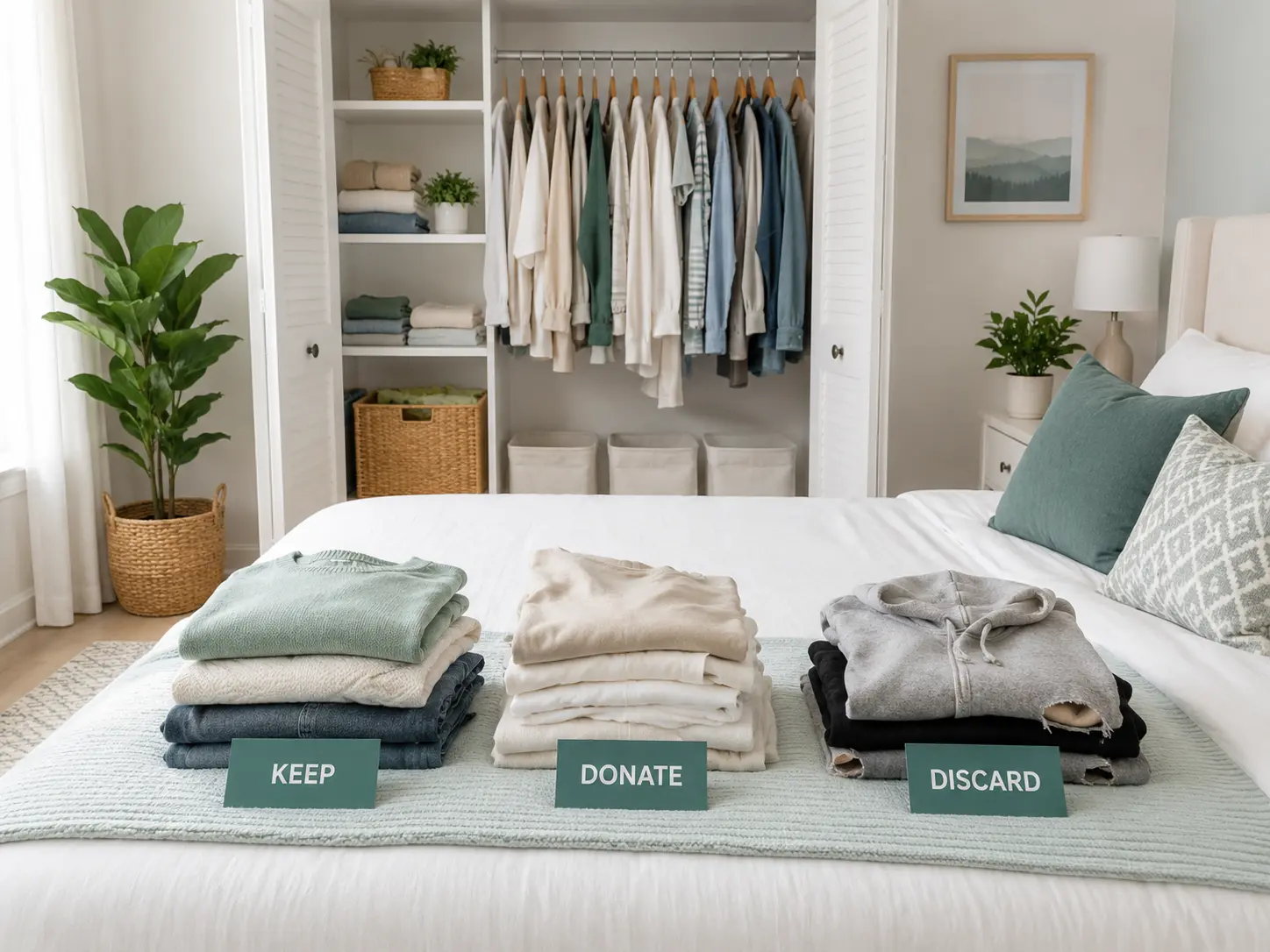 Bedroom closet declutter with clothing sorted into keep, donate, and discard piles