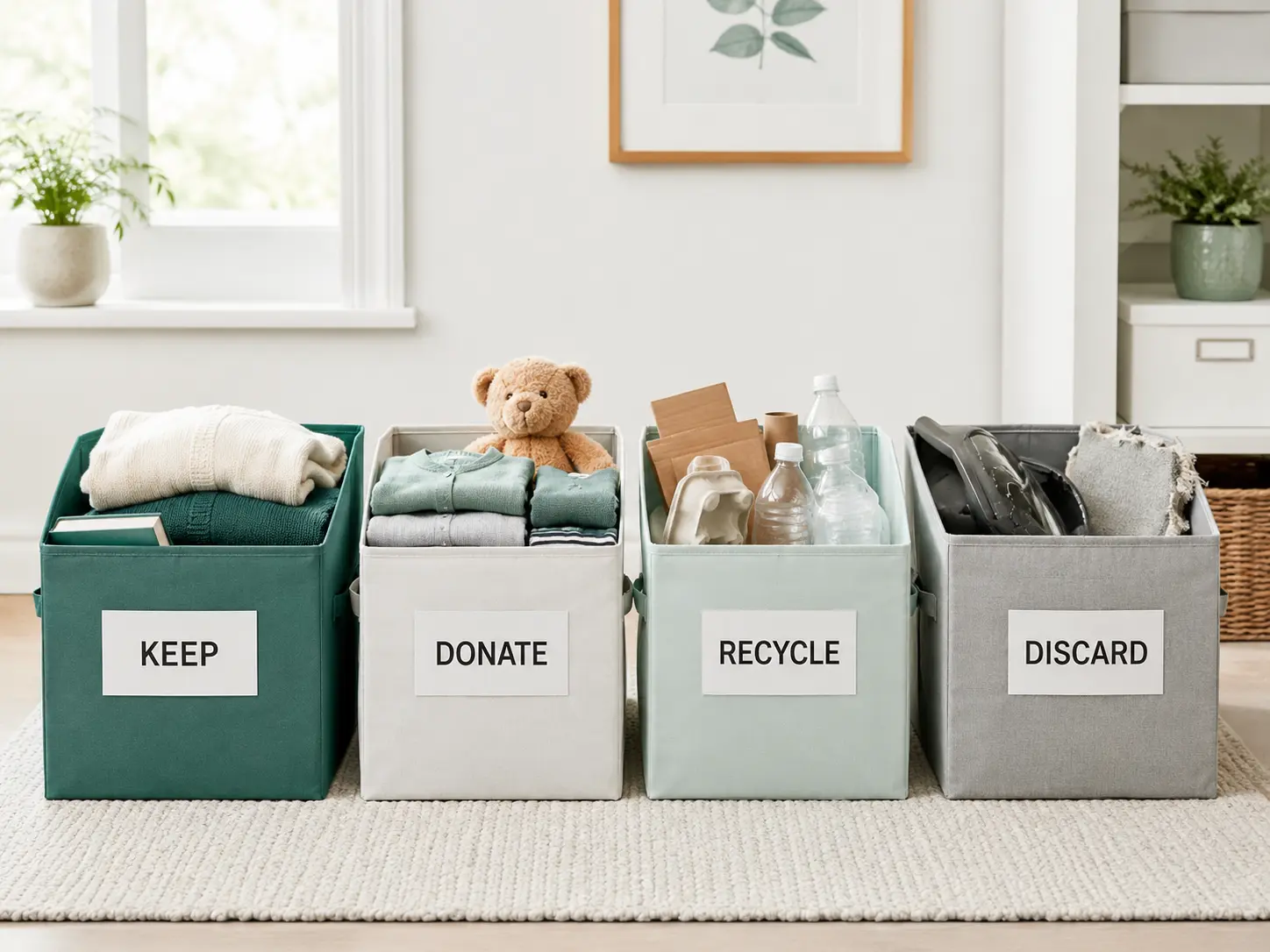 Four decluttering disposal boxes labelled keep, donate, recycle, and discard