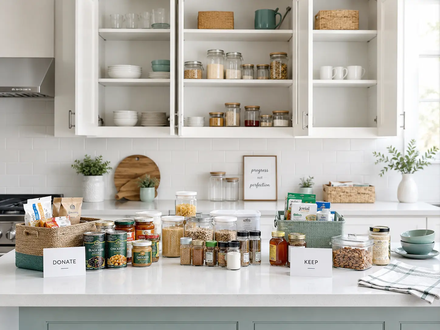 Kitchen decluttering in progress, pantry items sorted on counter for keep and donate decision