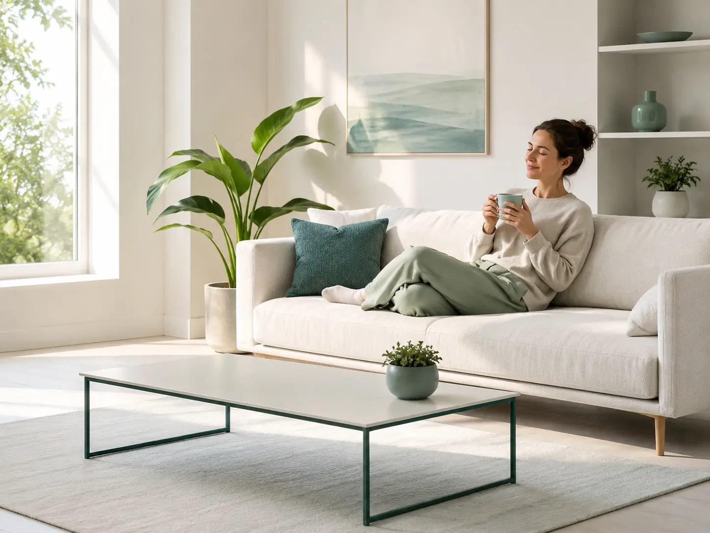 Person relaxing in a decluttered living room with clear surfaces and natural light