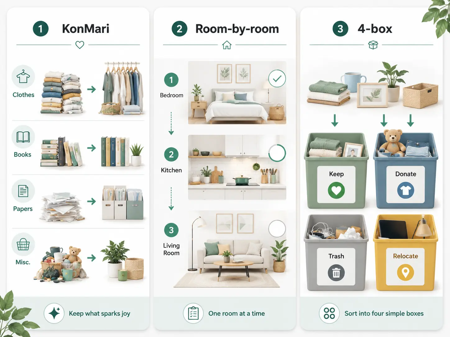 Three decluttering methods compared: KonMari category-by-category, room-by-room, and 4-box