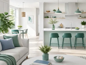 Decluttered home interior with clear countertops and organised shelving