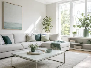Clean home living room with organised surfaces and natural light