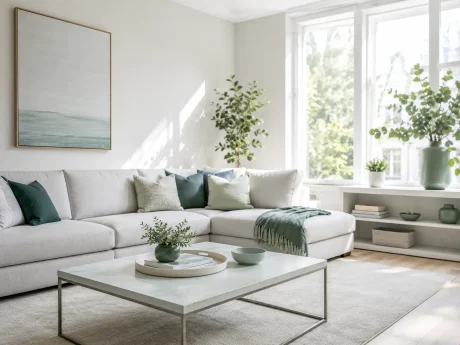 Clean home living room with organised surfaces and natural light