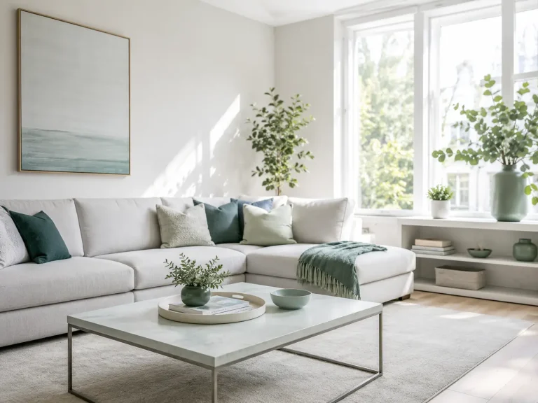 Clean home living room with organised surfaces and natural light