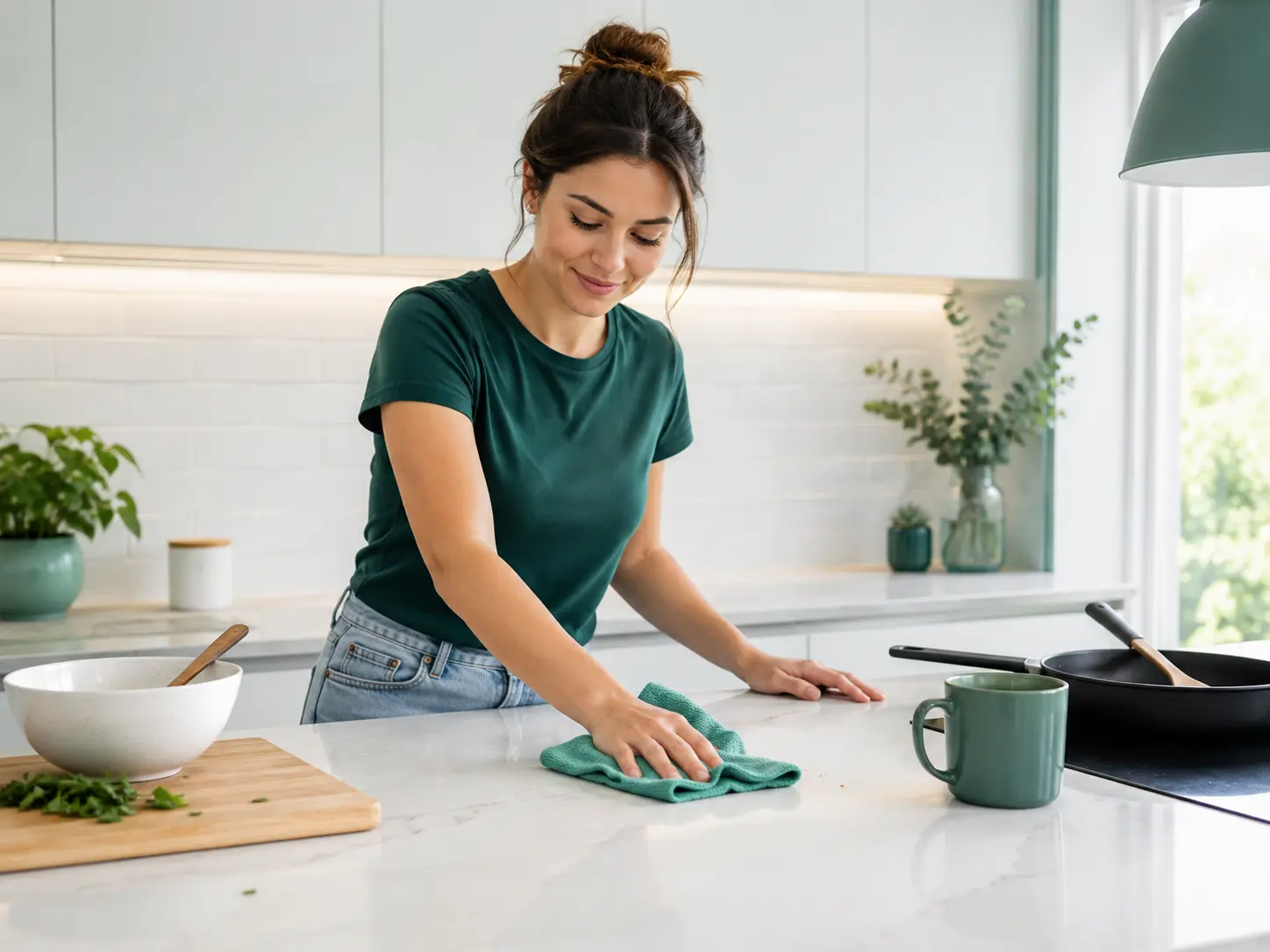 Kitchen cleaning frequency, wiping countertop with microfibre cloth after cooking