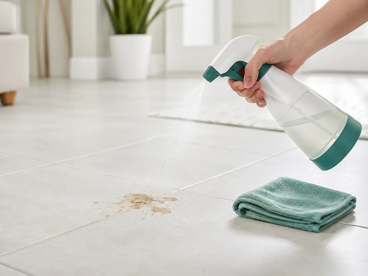 Cleaning pet stain from tile floor with vinegar spray